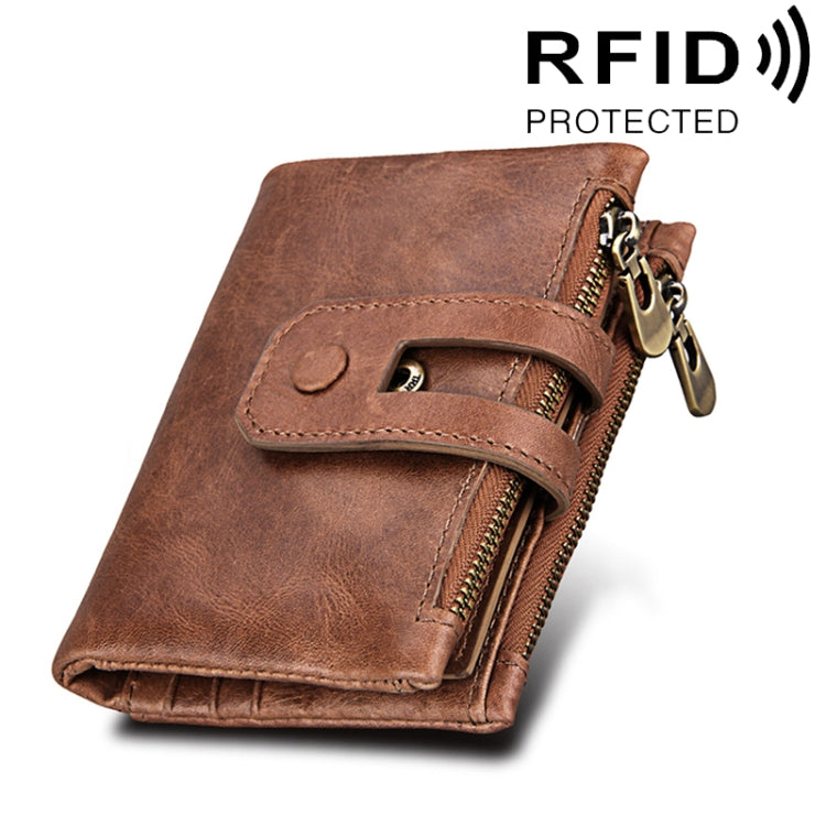 Genuine Cowhide Leather Crazy Horse Texture Zipper 3-folding Card Holder Wallet RFID Blocking Coin Purse Card Bag Protect Case for Men, Size: 12*9.5*3.5cm(Taupe) - Antimagnetic RFID Package by PMC Jewellery | Online Shopping South Africa | PMC Jewellery | Buy Now Pay Later Mobicred