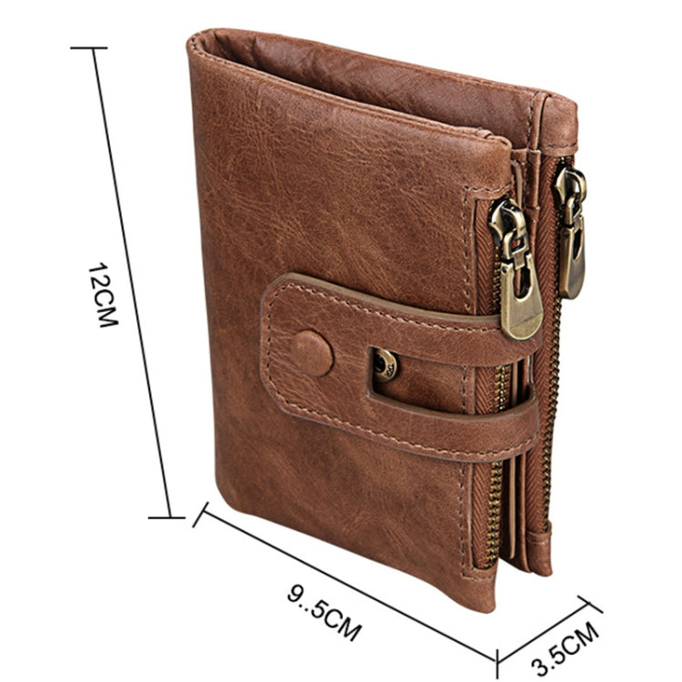 Genuine Cowhide Leather Crazy Horse Texture Zipper 3-folding Card Holder Wallet RFID Blocking Coin Purse Card Bag Protect Case for Men, Size: 12*9.5*3.5cm(Taupe) - Antimagnetic RFID Package by PMC Jewellery | Online Shopping South Africa | PMC Jewellery | Buy Now Pay Later Mobicred