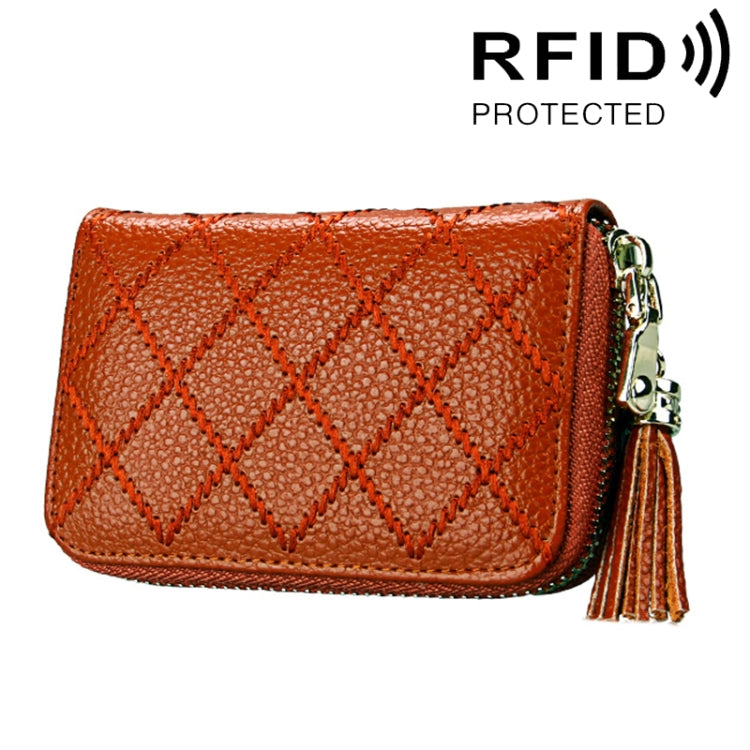 Genuine Cowhide Leather Grid Texture Zipper Card Holder Wallet RFID Blocking Card Bag Protect Case Coin Purse with Tassel Pendant & 15 Card Slots for Women, Size: 11.1*7.9*3.5cm(Brown) - Antimagnetic RFID Package by PMC Jewellery | Online Shopping South Africa | PMC Jewellery | Buy Now Pay Later Mobicred