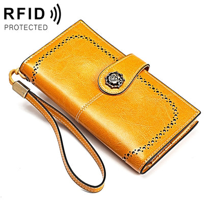 3526 Vintage Oil Wax Texture Large Capacity Long Multi-function Anti-magnetic RFID Wallet Clutch for Ladies (Yellow) - Antimagnetic RFID Package by PMC Jewellery | Online Shopping South Africa | PMC Jewellery | Buy Now Pay Later Mobicred