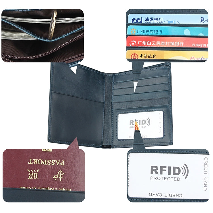 8235 Antimagnetic RFID Multi-function Crazy Horse Texture Leather Wallet Passport Bag(Blue) - Antimagnetic RFID Package by PMC Jewellery | Online Shopping South Africa | PMC Jewellery | Buy Now Pay Later Mobicred