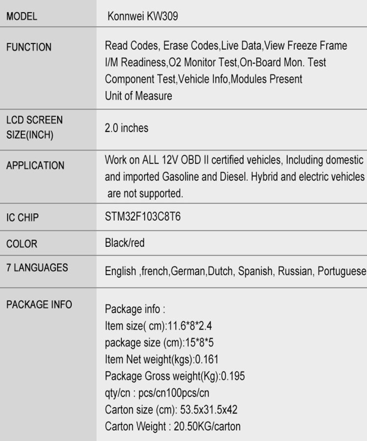 KONNWEI KW309 V309 V310 MS309 Code Reader OBD2 Scanner Diagnostic Tool(Red) - free shipping - PMC TechLife - Order now!