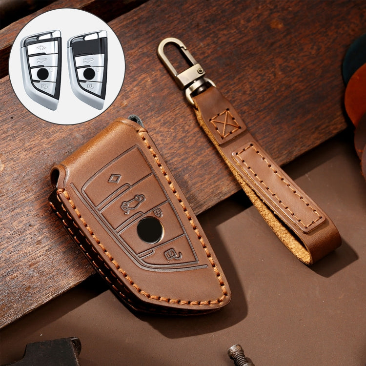 Hallmo Car Cowhide Leather Key Protective Cover Key Case for BMW Blade Style(Brown) - Car Key Cases by Hallmo | Online Shopping South Africa | PMC TechLife | Buy Now Pay Later Mobicred