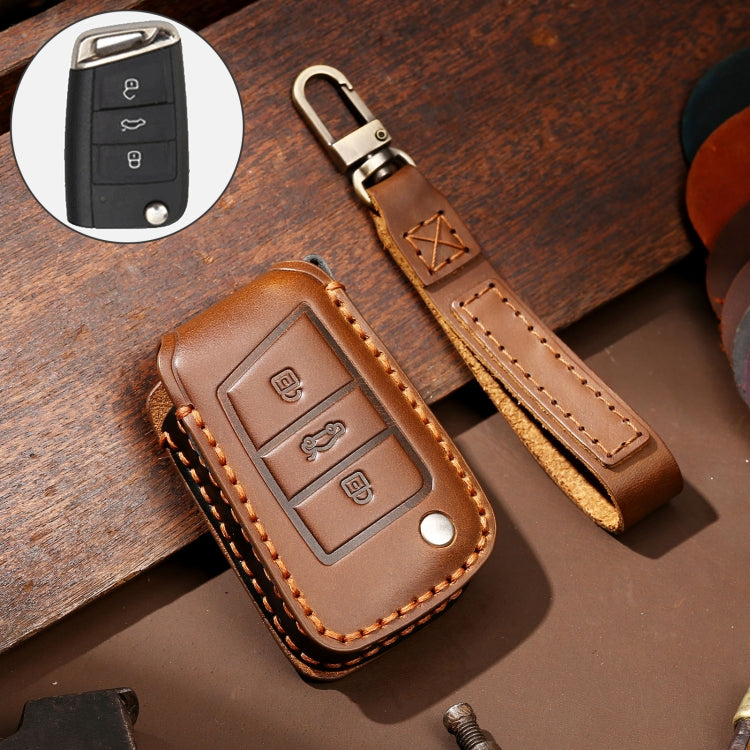 Hallmo Car Cowhide Leather Key Protective Cover Key Case for Volkswagen Lavida B Style(Brown) - Car Key Cases by Hallmo | Online Shopping South Africa | PMC Jewellery | Buy Now Pay Later Mobicred