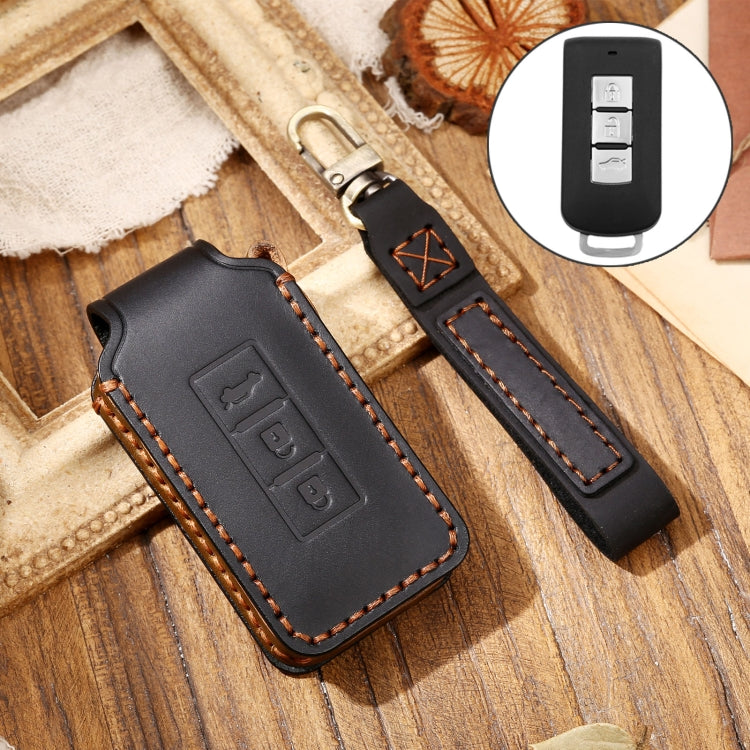 Hallmo Car Cowhide Leather Key Protective Cover Key Case for Mitsubishi Outlander(Black) - Car Key Cases by Hallmo | Online Shopping South Africa | PMC Jewellery | Buy Now Pay Later Mobicred