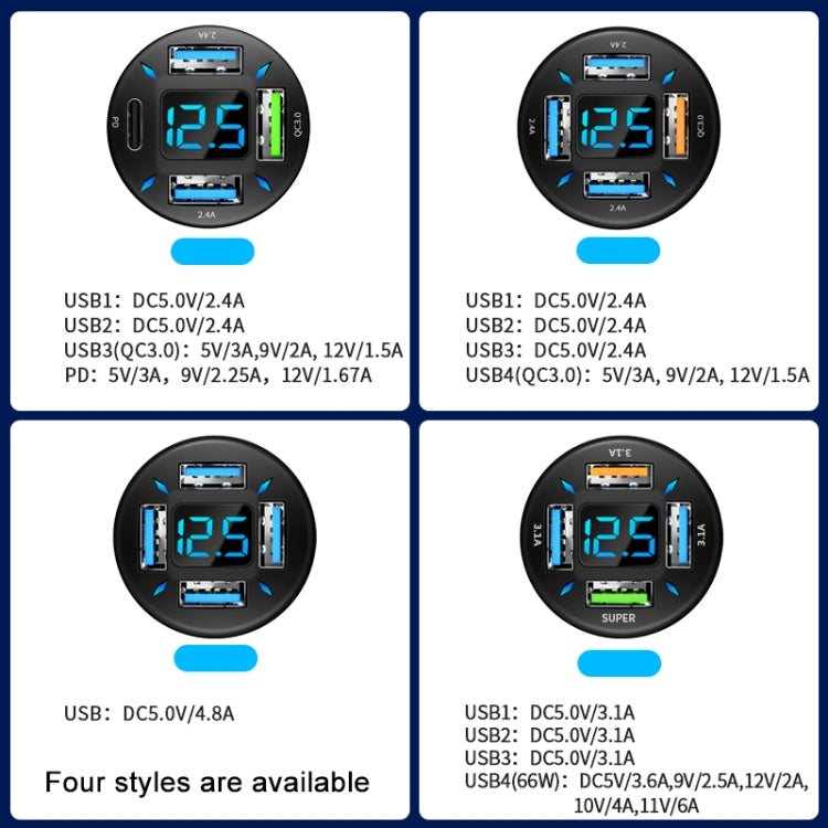 2pcs 4 in 1 USB 4.8A Digital Display Car Charger - Car Charger by PMC TechLife | Online Shopping South Africa | PMC TechLife