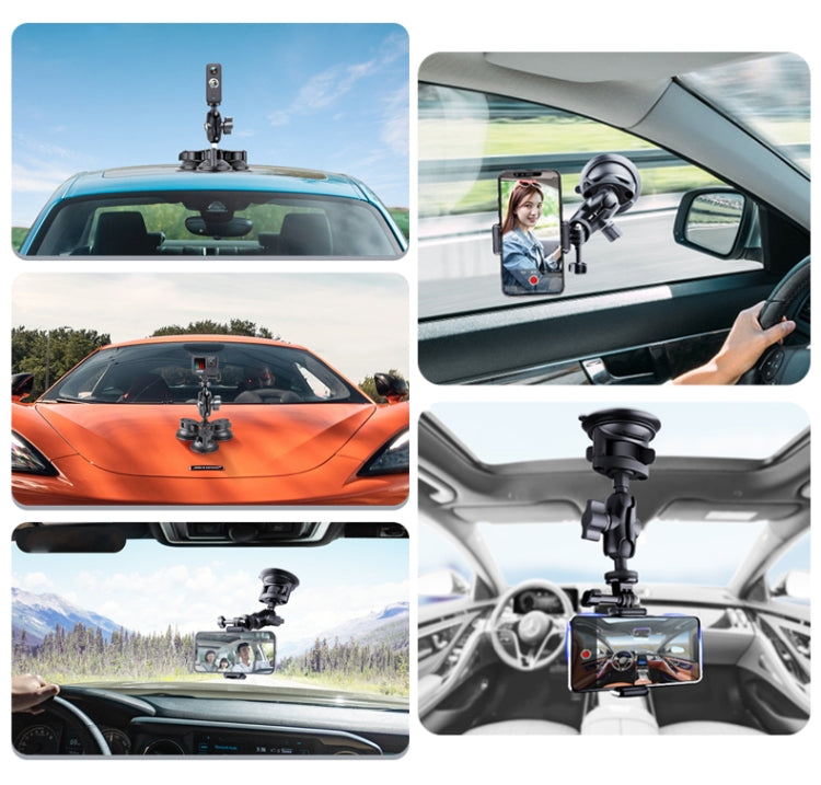 Dual Suction Cup Mount Phone Holder with Tripod Adapter & Steel Tether & Safety Buckle(Black) - Car Holders by PMC Jewellery | Online Shopping South Africa | PMC Jewellery