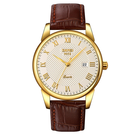 SKMEI 9058 Multifunctional Outdoor Fashion Waterproof Gold Shell Quartz Wrist Watch(Men Style Silver Face Brown Strap) - Leather Strap Watches by SKMEI | Online Shopping South Africa | PMC Jewellery | Buy Now Pay Later Mobicred