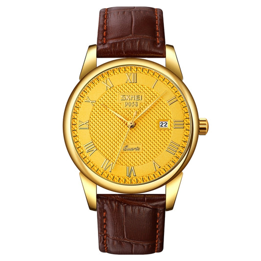 SKMEI 9058 Multifunctional Outdoor Fashion Waterproof Gold Shell Quartz Wrist Watch(Men Style Gold Face Brown Strap) - Leather Strap Watches by SKMEI | Online Shopping South Africa | PMC Jewellery | Buy Now Pay Later Mobicred