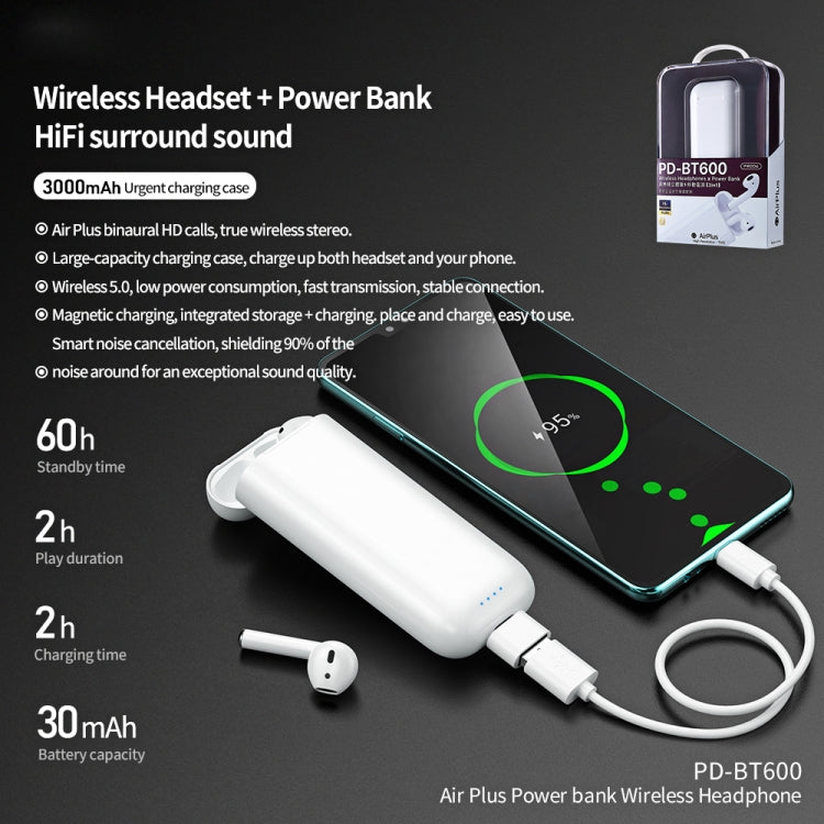 Remax PD-BT600 Air Plus Bluetooth 5.0 Multi-function Power Bank Wireless Bluetooth Earphone(White) - Bluetooth Earphone by REMAX | Online Shopping South Africa | PMC Jewellery