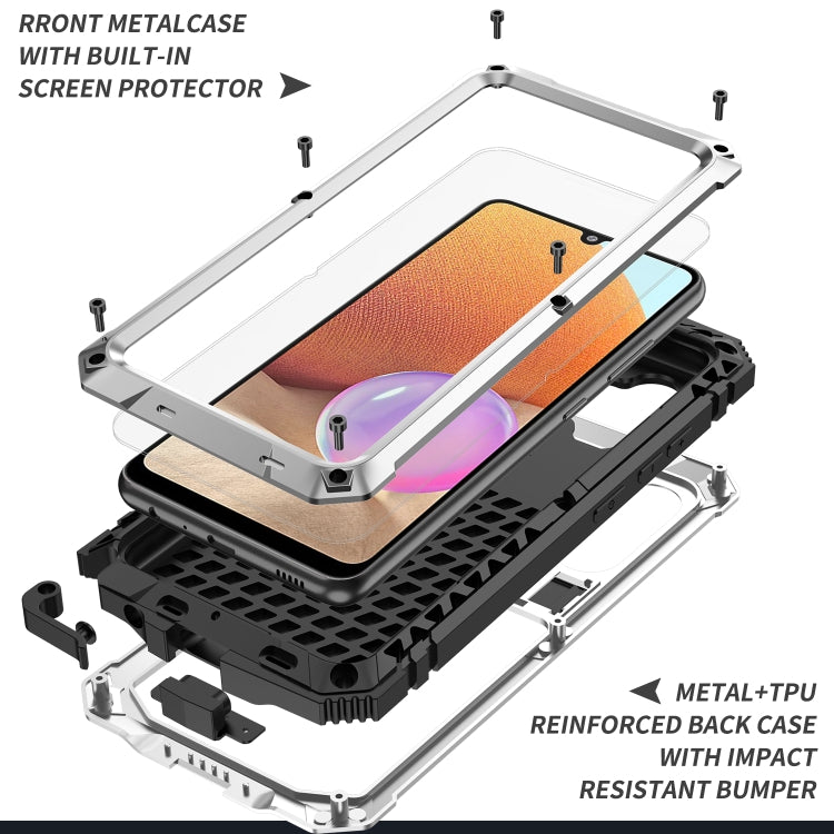 For Samsung Galaxy A32 4G R-JUST Waterproof Shockproof Dustproof Metal + Silicone Protective Case with Holder(Silver) - Galaxy Phone Cases by R-JUST | Online Shopping South Africa | PMC Jewellery | Buy Now Pay Later Mobicred