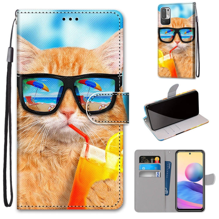 For Xiaomi Redmi Note 10 5G Coloured Drawing Cross Texture Horizontal Flip PU Leather Case with Holder & Card Slots & Wallet & Lanyard(Cat Drinking Soda) - Xiaomi Cases by PMC Jewellery | Online Shopping South Africa | PMC Jewellery