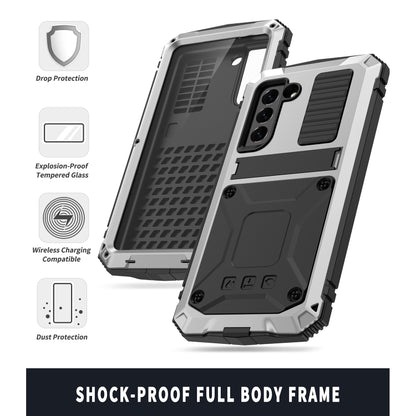 For Samsung Galaxy S21 FE R-JUST Shockproof Waterproof Dust-proof Metal + Silicone Protective Case with Holder(Silver) - Galaxy Phone Cases by R-JUST | Online Shopping South Africa | PMC Jewellery | Buy Now Pay Later Mobicred