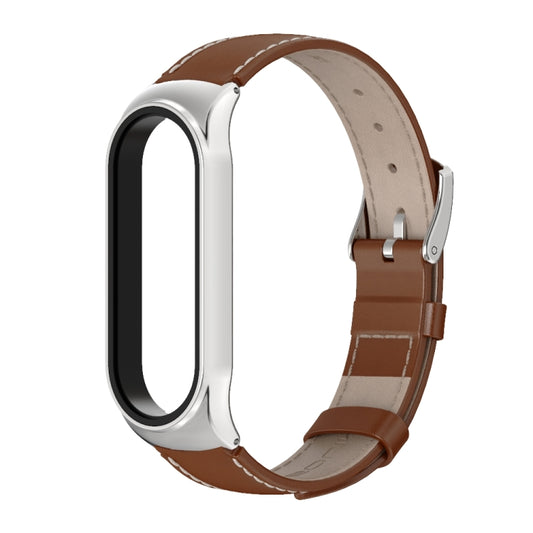 For Xiaomi Mi Band 6 / 5 / 4 / 3 Mijobs CS First Layer Cowhide Watch Band(Brown + Silver) - Watch Bands by MIJOBS | Online Shopping South Africa | PMC Jewellery | Buy Now Pay Later Mobicred