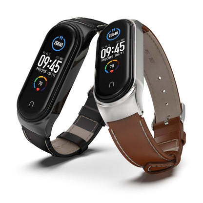 For Xiaomi Mi Band 6 / 5 / 4 / 3 Mijobs CS First Layer Cowhide Watch Band(Brown + Silver) - Watch Bands by MIJOBS | Online Shopping South Africa | PMC Jewellery | Buy Now Pay Later Mobicred