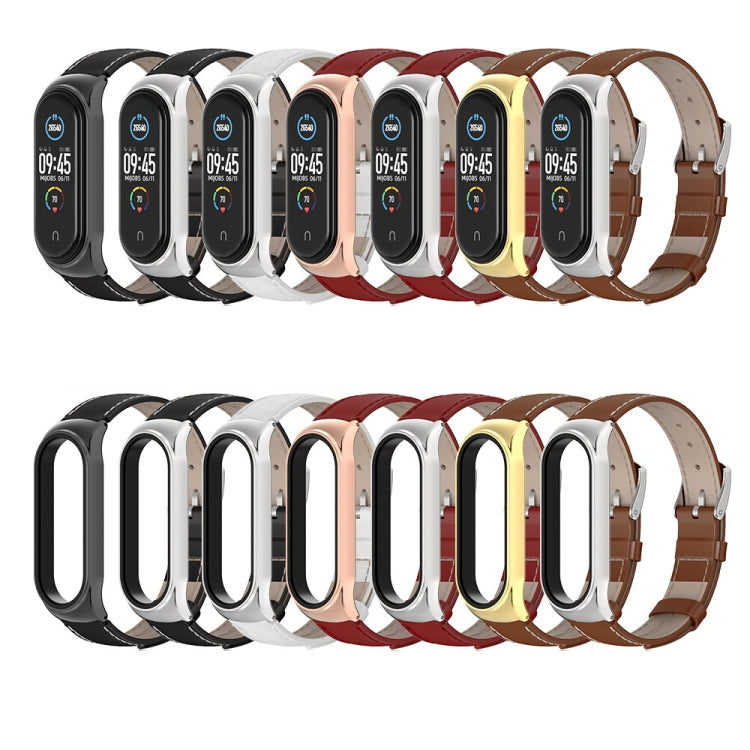 For Xiaomi Mi Band 6 / 5 / 4 / 3 Mijobs CS First Layer Cowhide Watch Band(Brown + Silver) - Watch Bands by MIJOBS | Online Shopping South Africa | PMC Jewellery | Buy Now Pay Later Mobicred