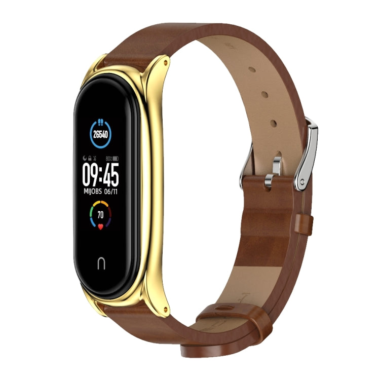 For Xiaomi Mi Band 6 / 5 / 4 / 3 Mijobs Metal Case Crazy Horse Texture PU Microfiber Plus Watch Band(Brown Gold) - Watch Bands by MIJOBS | Online Shopping South Africa | PMC Jewellery | Buy Now Pay Later Mobicred