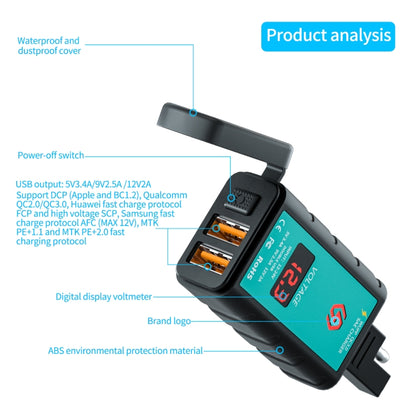 WUPP ZH-1422A2 DC12-24V Motorcycle Square Dual USB Fast Charging Charger with Switch + Voltmeter + Integrated SAE Socket + 1m SAE Socket Cable - Battery Charger by WUPP | Online Shopping South Africa | PMC Jewellery | Buy Now Pay Later Mobicred