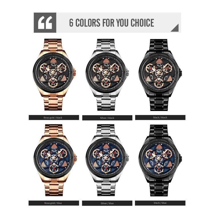 SKMEI 1678 Men Waterproof Quartz Watch with Rotatable Gear Dial(Rose Gold Shell Black Surface) - Metal Strap Watches by SKMEI | Online Shopping South Africa | PMC Jewellery | Buy Now Pay Later Mobicred