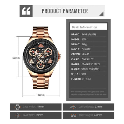 SKMEI 1678 Men Waterproof Quartz Watch with Rotatable Gear Dial(Rose Gold Shell Black Surface) - Metal Strap Watches by SKMEI | Online Shopping South Africa | PMC Jewellery | Buy Now Pay Later Mobicred