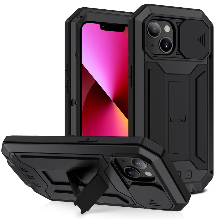 For iPhone 13 R-JUST Sliding Camera Shockproof Life Waterproof Dust-proof Metal + Silicone Protective Case with Holder(Black) - iPhone 13 Cases by R-JUST | Online Shopping South Africa | PMC Jewellery | Buy Now Pay Later Mobicred