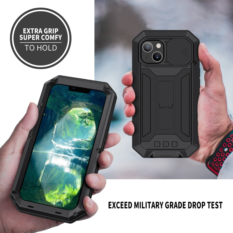 For iPhone 13 R-JUST Sliding Camera Shockproof Life Waterproof Dust-proof Metal + Silicone Protective Case with Holder(Black) - iPhone 13 Cases by R-JUST | Online Shopping South Africa | PMC Jewellery | Buy Now Pay Later Mobicred