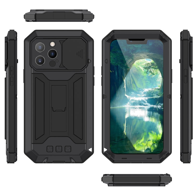 For iPhone 13 Pro R-JUST Sliding Camera Shockproof Life Waterproof Dust-proof Metal + Silicone Protective Case with Holder (Black) - iPhone 13 Pro Cases by R-JUST | Online Shopping South Africa | PMC Jewellery | Buy Now Pay Later Mobicred