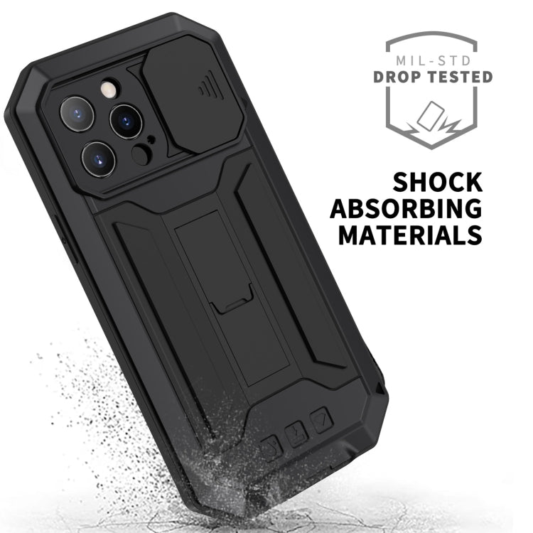 For iPhone 13 Pro R-JUST Sliding Camera Shockproof Life Waterproof Dust-proof Metal + Silicone Protective Case with Holder (Black) - iPhone 13 Pro Cases by R-JUST | Online Shopping South Africa | PMC Jewellery | Buy Now Pay Later Mobicred