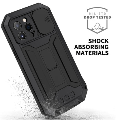 For iPhone 13 Pro R-JUST Sliding Camera Shockproof Life Waterproof Dust-proof Metal + Silicone Protective Case with Holder (Black) - iPhone 13 Pro Cases by R-JUST | Online Shopping South Africa | PMC Jewellery | Buy Now Pay Later Mobicred