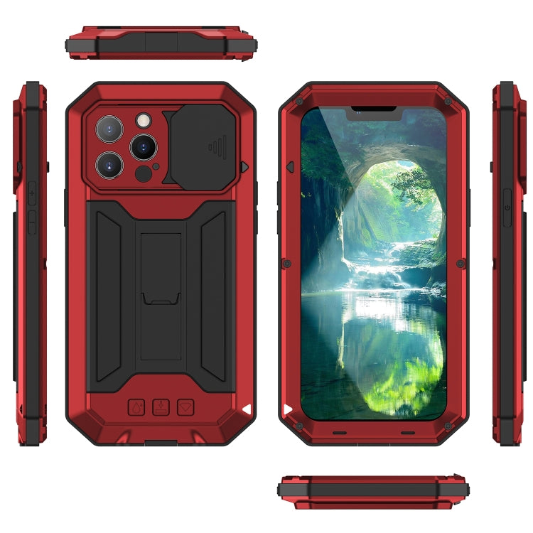 For iPhone 13 Pro Max R-JUST Sliding Camera Shockproof Life Waterproof Dust-proof Metal + Silicone Protective Case with Holder (Red) - iPhone 13 Pro Max Cases by R-JUST | Online Shopping South Africa | PMC Jewellery | Buy Now Pay Later Mobicred