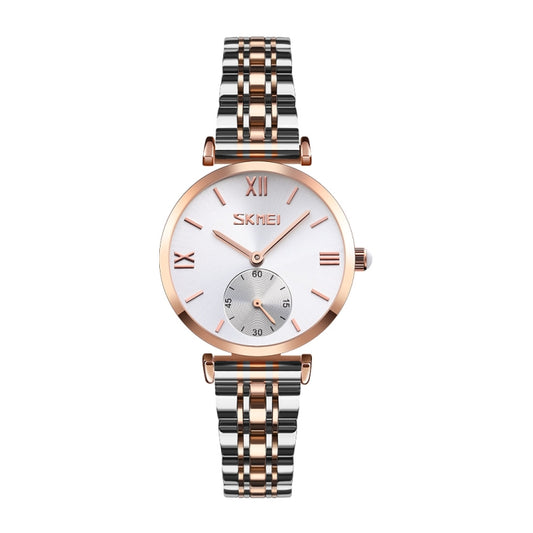 SKMEI 9198 Simple Roman Numeral Dial Metal Belt Quartz Watch for Couples(Rose Gold Silver Women) - Couple Watches by SKMEI | Online Shopping South Africa | PMC Jewellery | Buy Now Pay Later Mobicred