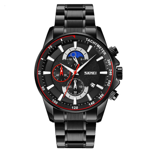 SKMEI 9250 Men Moonphase Stopwatch Date Six Pin Stainless Steel Strap Quartz Watch(Black) - Metal Strap Watches by SKMEI | Online Shopping South Africa | PMC Jewellery | Buy Now Pay Later Mobicred