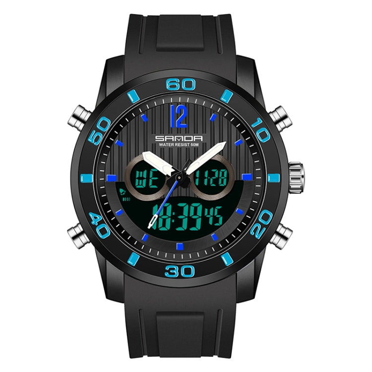 SANDA 3106 Dual Digital Display Men Outdoor Sports Luminous Shockproof Electronic Watch(Black Blue) - Metal Strap Watches by SANDA | Online Shopping South Africa | PMC Jewellery | Buy Now Pay Later Mobicred