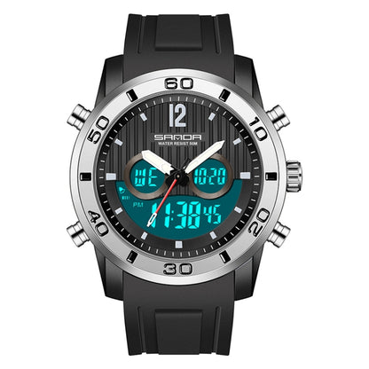 SANDA 3106 Dual Digital Display Men Outdoor Sports Luminous Shockproof Electronic Watch(Black Silver) - Metal Strap Watches by SANDA | Online Shopping South Africa | PMC Jewellery | Buy Now Pay Later Mobicred