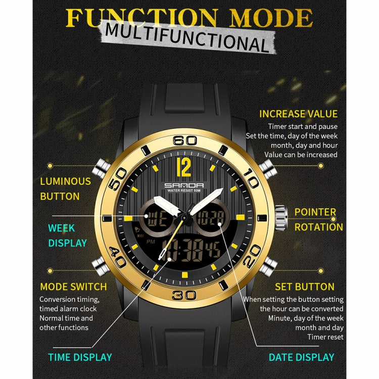 SANDA 3106 Dual Digital Display Men Outdoor Sports Luminous Shockproof Electronic Watch(Black Silver) - Metal Strap Watches by SANDA | Online Shopping South Africa | PMC Jewellery | Buy Now Pay Later Mobicred