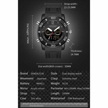 SANDA 3106 Dual Digital Display Men Outdoor Sports Luminous Shockproof Electronic Watch(Black Gold) - Metal Strap Watches by SANDA | Online Shopping South Africa | PMC Jewellery | Buy Now Pay Later Mobicred