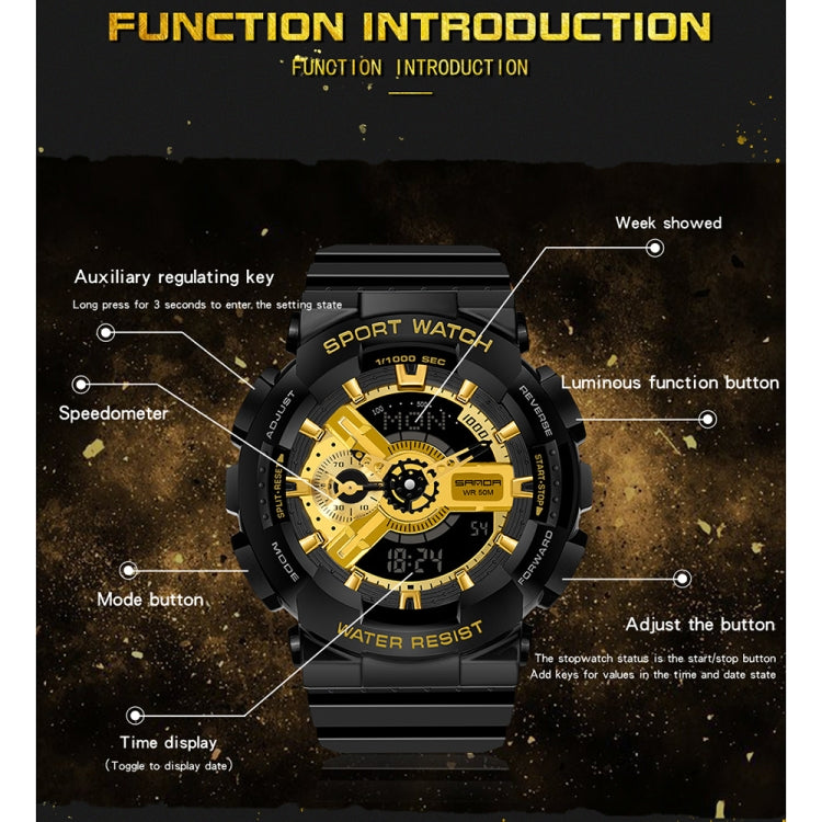 SANDA World Time Luminous Calendar Multifunctional Men Sports Quartz Watch(3110 Black Gold) - Sport Watches by SANDA | Online Shopping South Africa | PMC Jewellery | Buy Now Pay Later Mobicred