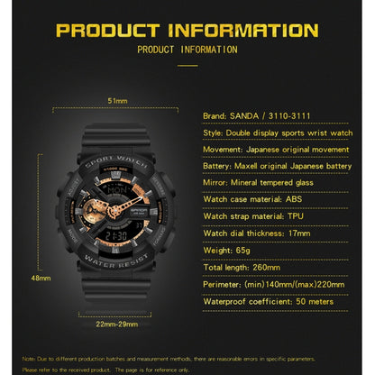 SANDA World Time Luminous Calendar Multifunctional Men Sports Quartz Watch(3110 Black Gold) - Sport Watches by SANDA | Online Shopping South Africa | PMC Jewellery | Buy Now Pay Later Mobicred