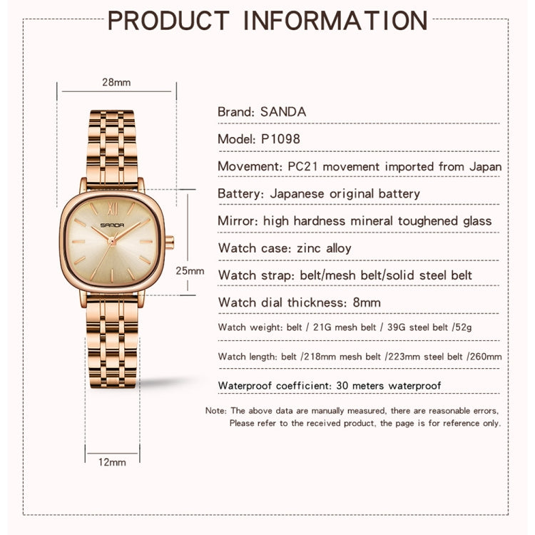 SANDA P1098 Simple Bar Scale Oval Dial Quartz Watch for Women(Mesh Belt Rose Gold) - Metal Strap Watches by SANDA | Online Shopping South Africa | PMC Jewellery | Buy Now Pay Later Mobicred