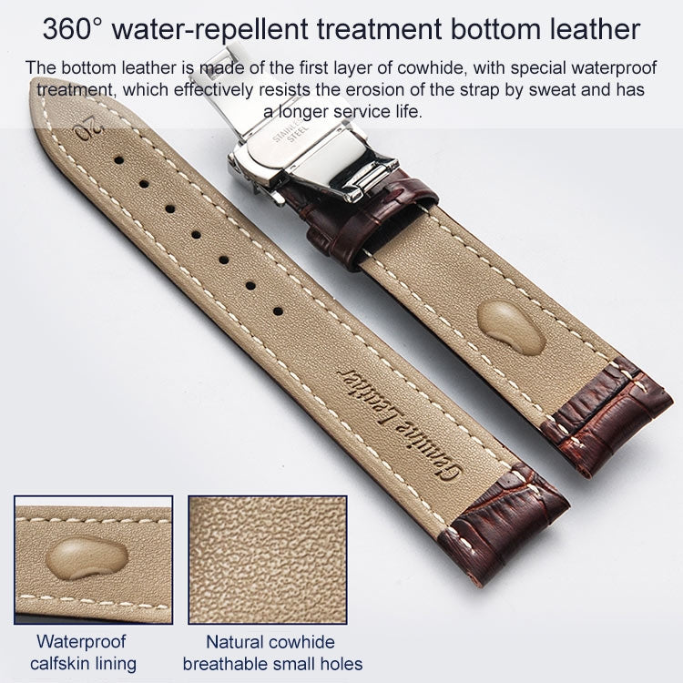 20mm Classic Cowhide Leather Gold Butterfly Buckle Watch Band(Brown) - free shipping - PMC TechLife - Order now!