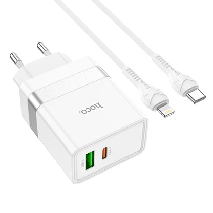 hoco N21 PD 30W Type-C / USB-C + QC 3.0 USB Mini Fast Charger with Type-C / USB-C to 8 Pin Data Cable , EU Plug(White) - USB Charger by hoco | Online Shopping South Africa | PMC Jewellery