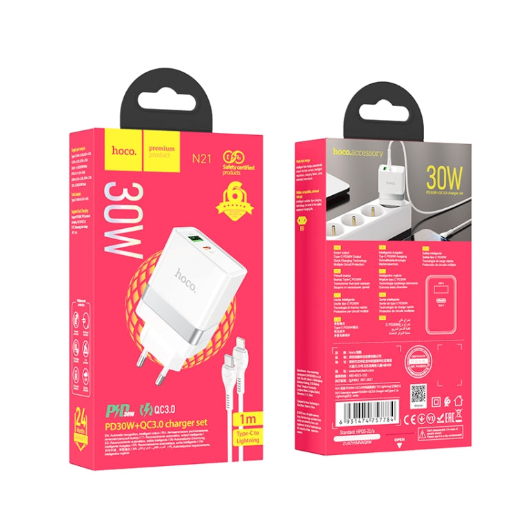 hoco N21 PD 30W Type-C / USB-C + QC 3.0 USB Mini Fast Charger with Type-C / USB-C to 8 Pin Data Cable , EU Plug(White) - USB Charger by hoco | Online Shopping South Africa | PMC Jewellery