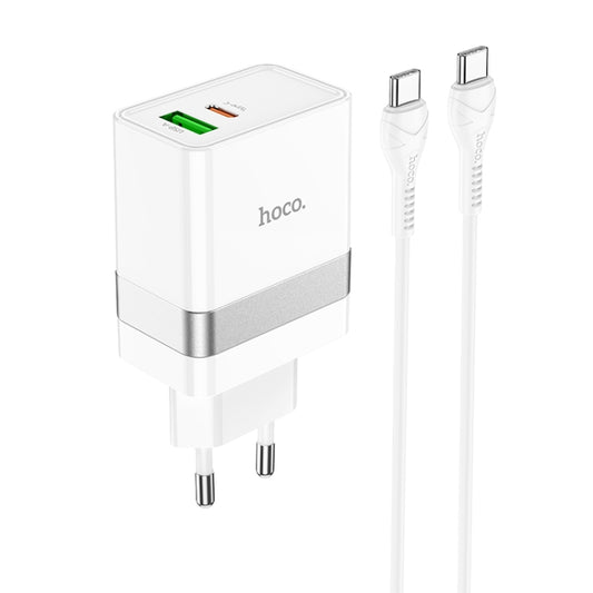 hoco N21 PD 30W Type-C / USB-C + QC 3.0 USB Mini Fast Charger with Type-C / USB-C to Type-C / USB-C Data Cable , EU Plug(White) - USB Charger by hoco | Online Shopping South Africa | PMC Jewellery