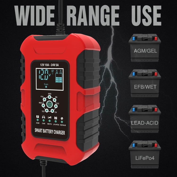 FOXSUR 10A 12V 7-segment Motorcycle / Car Smart Battery Charger, Plug Type:US Plug(Red) - Battery Charger by FOXSUR | Online Shopping South Africa | PMC Jewellery | Buy Now Pay Later Mobicred