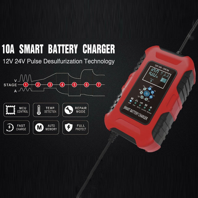 FOXSUR 10A 12V 7-segment Motorcycle / Car Smart Battery Charger, Plug Type:US Plug(Red) - Battery Charger by FOXSUR | Online Shopping South Africa | PMC Jewellery | Buy Now Pay Later Mobicred