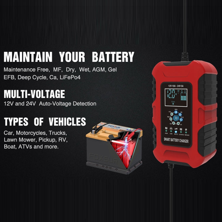 FOXSUR 10A 12V 7-segment Motorcycle / Car Smart Battery Charger, Plug Type:US Plug(Red) - Battery Charger by FOXSUR | Online Shopping South Africa | PMC Jewellery | Buy Now Pay Later Mobicred