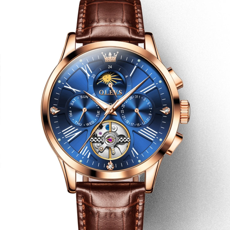 OLEVS 9912 Hollow Flywheel Week Calendar Dial Luminous Mechanical Watch for Men(Rose Gold Shell Blue Surface) - Leather Strap Watches by OLEVS | Online Shopping South Africa | PMC Jewellery | Buy Now Pay Later Mobicred