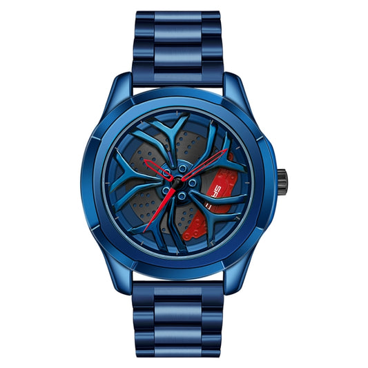 SANDA 1065 3D Hollow Out Wheel Non-rotatable Dial Quartz Watch for Men, Style:Steel Belt(Blue Red) - Metal Strap Watches by SANDA | Online Shopping South Africa | PMC Jewellery | Buy Now Pay Later Mobicred