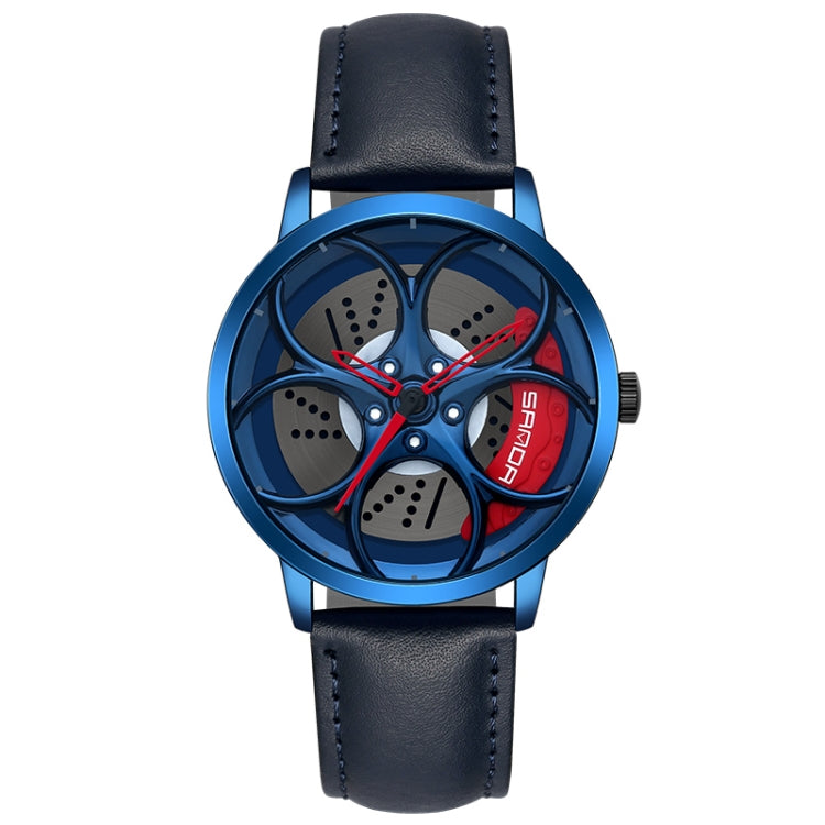 SANDA 1070 3D Oval Hollow Out Wheel Non-rotatable Dial Quartz Watch for Men, Style:Leather Belt(Blue Red) - Leather Strap Watches by SANDA | Online Shopping South Africa | PMC Jewellery | Buy Now Pay Later Mobicred