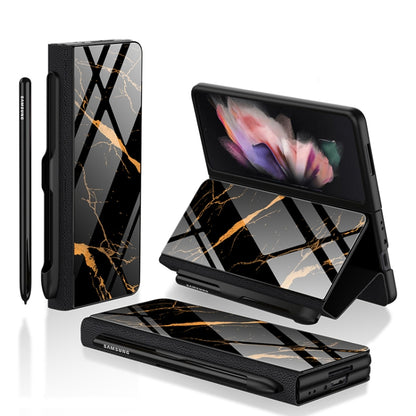 For Samsung Galaxy Z Fold3 5G GKK Flip Tempered Glass Phone Case with Pen Slot(Gold Line Black) - Galaxy Phone Cases by GKK | Online Shopping South Africa | PMC Jewellery | Buy Now Pay Later Mobicred